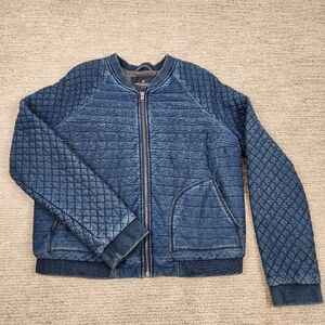 American Eagle Denim Quilted Bomber Jacket Womens Large Blue Full Zip Lined
